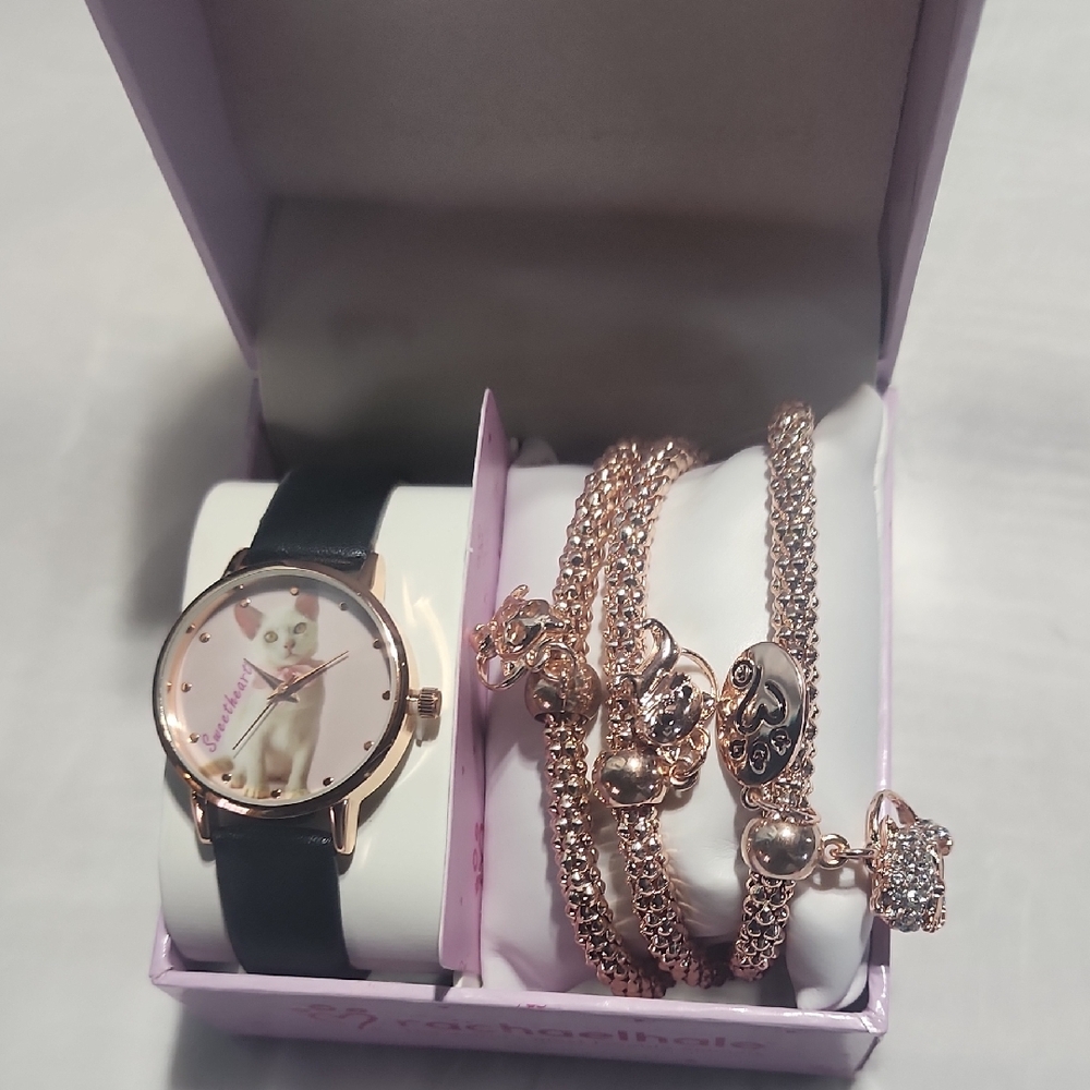 Chic Rose Gold and Black Cat Watch Set